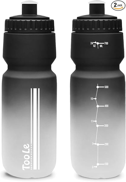 2 Pack Bike Water Bottle, Squeeze Water Bottle Leakproof BPA Free with Capacity Scale w/Pull Top Lid, Reusable, for Bicycle, Gym,Camping, Hiking 24oz