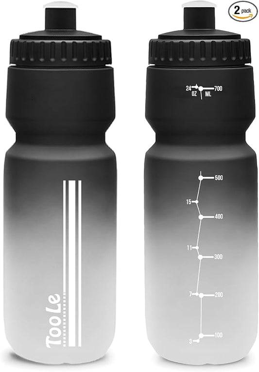 2 Pack Bike Water Bottle, Squeeze Water Bottle Leakproof BPA Free with Capacity Scale w/Pull Top Lid, Reusable, for Bicycle, Gym,Camping, Hiking 24oz