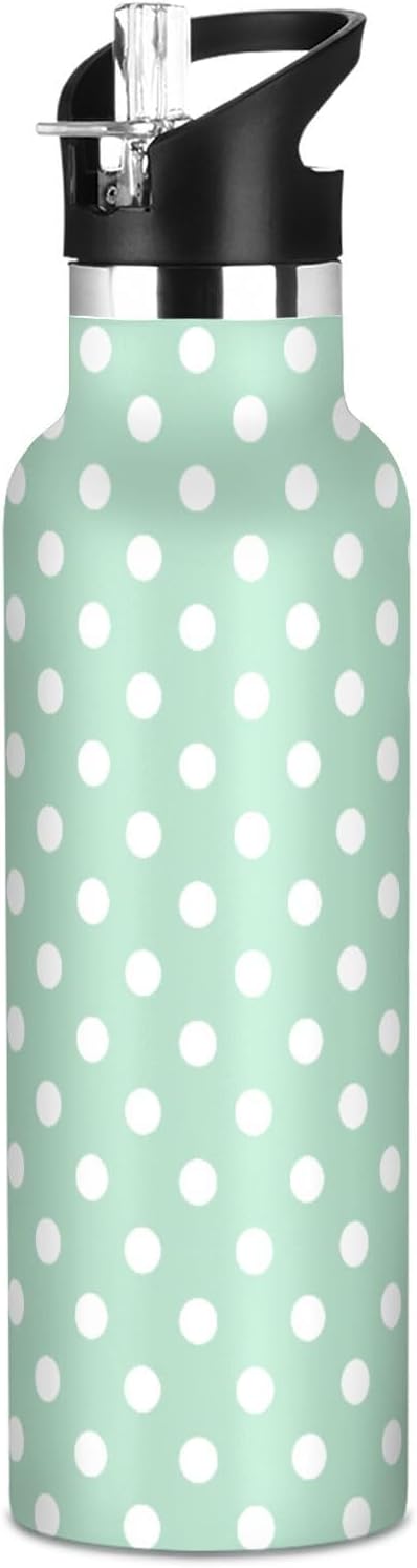 Kids Insulated Water Bottle for Boys Girls Polka Dot Mint Green 20 oz Stainless Steel Travel Mug Sport Water Bottles for Gym School