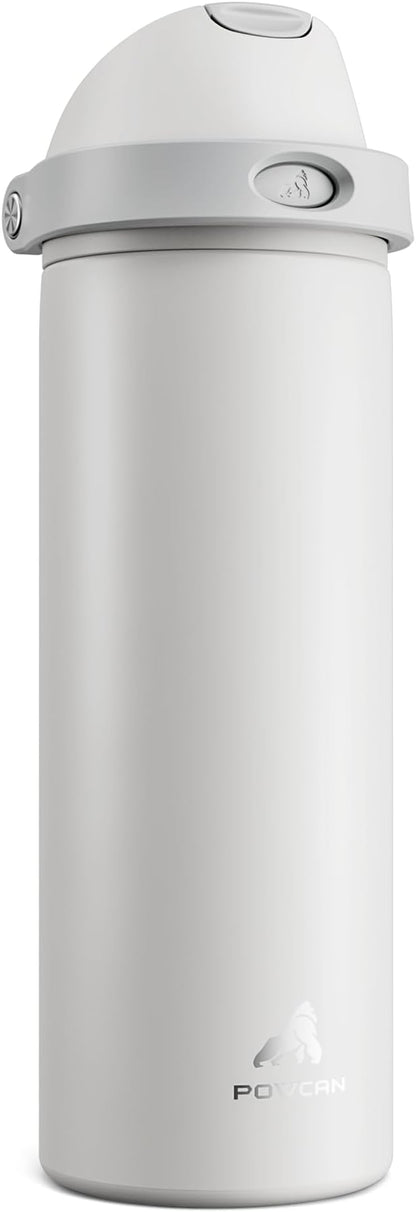 POWCAN 24 oz Metal Water Bottle with Straw for Travel: 100% Leakproof, Quick Open Lid, Keep Cold for 24 Hours, Car Cup Holder Friendly, Insulated Vacuum Flask for Commute, Workouts, Gift (Stone White)