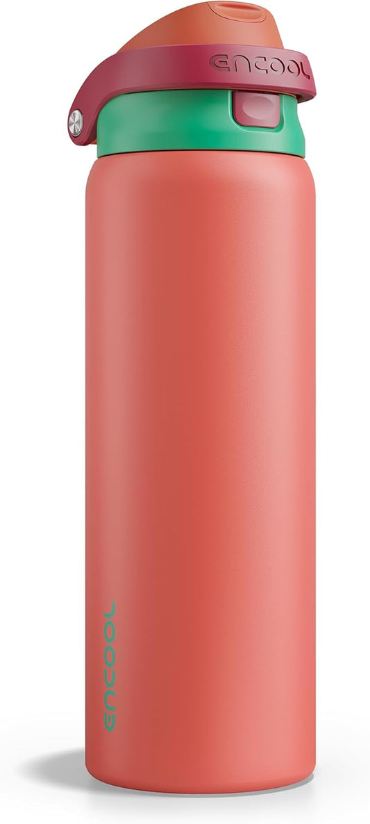 ENCOOL Leakproof Insulated Water Bottle with Straw Dual-Sip Water Bottle Bag-Safe Design for Work, Commute & Gym – Keeps Drinks Cold All Day, 32 oz, Coral Red