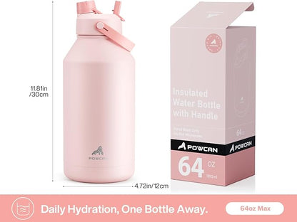 POWCAN 64 oz Insulated Water Bottle with 2-in-1 Straw and Spout Lid, Keep Cold 24H, Leak-Proof, BPA-Free, Double Wall Stainless Steel Water Bottle for Sports, Gym, Travel, and School (Cotton Candy)