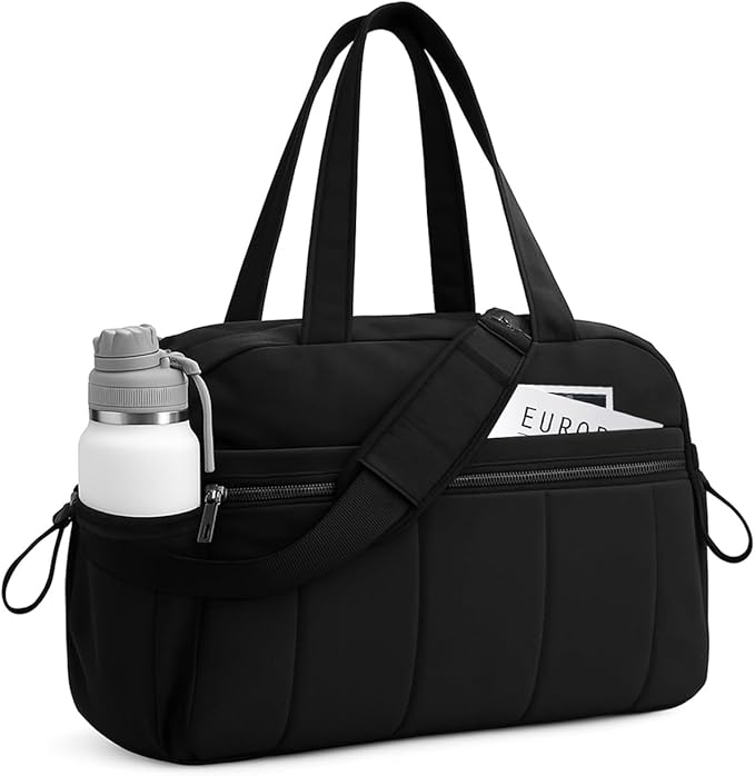 Travel Duffle Gym Bag for Women, Lightweight Puffer Carry on Weekender Bags with Wet Pocket Tote Yoga Workout Bag (Black)
