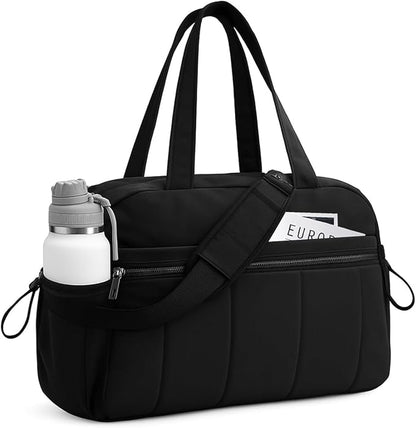 Travel Duffle Gym Bag for Women, Lightweight Puffer Carry on Weekender Bags with Wet Pocket Tote Yoga Workout Bag (Black)