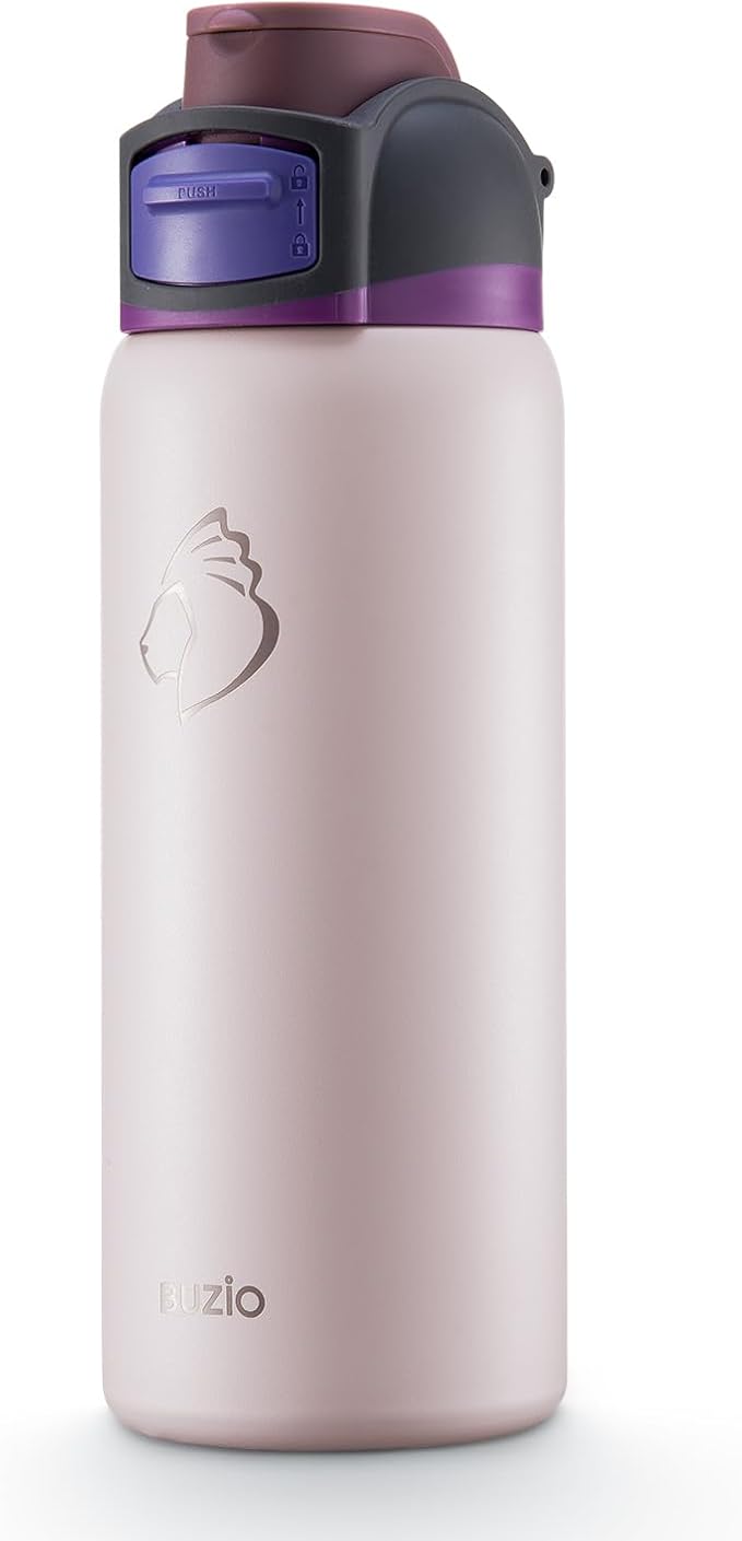 BUZIO 32oz Metal Water Bottle with Chug Lid, Insulated Flask with Leakproof Locking Lid for Sports Travel Gym Work, BPA-Free, Carry Loop, Dishwasher Safe, Best Holiday Gift for man/women, Light Pink