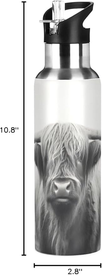 Funny Scottish Highland Cow Water Bottle - Reusable Water Bottle for Gym Bike Running Cycling 600 Milliliter 22 Ounce Stainless Steel Sports Water Bottle