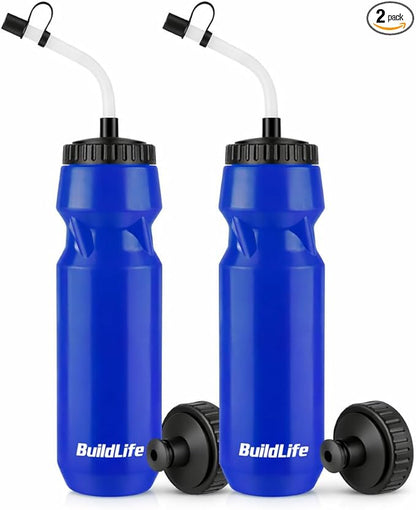 Hockey Water Bottle with Long Straw - 32 OZ Squeeze Sports Water Bottles 2 Pack with 2 Lids Each(Straw and Squeeze),Lacrosse Water Bottle for Helmet Hockey,Football,Boxing,BPA Free,Dishwash Safe(Blue)