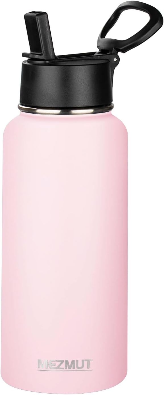 MEZMUT Insulated Water Bottle with Straw 32 oz Metal Water Bottle Leakproof Travel Stainless Steel Water Bottles Reusable Double Wall Gym Sports Cup Flask for Camping Hiking, Pink