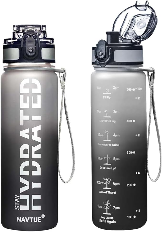 Water Bottle, 16oz Sports Water Bottles with Time Marker Wide Mouth, Motivational and Leakproof Drink Bottle, BPA Free Tritan with Carry Strap for Gym Fitness Outdoor(1 Bottle)