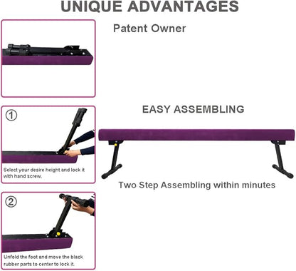 GLANT 8ft Ultrasimple Adjustable&Foldable Balance Beam,High-Low Floor Beam Suede Gymnastics Equipment,No Tool Require, Gymnastics Beam for Training&Professional HomeTraining