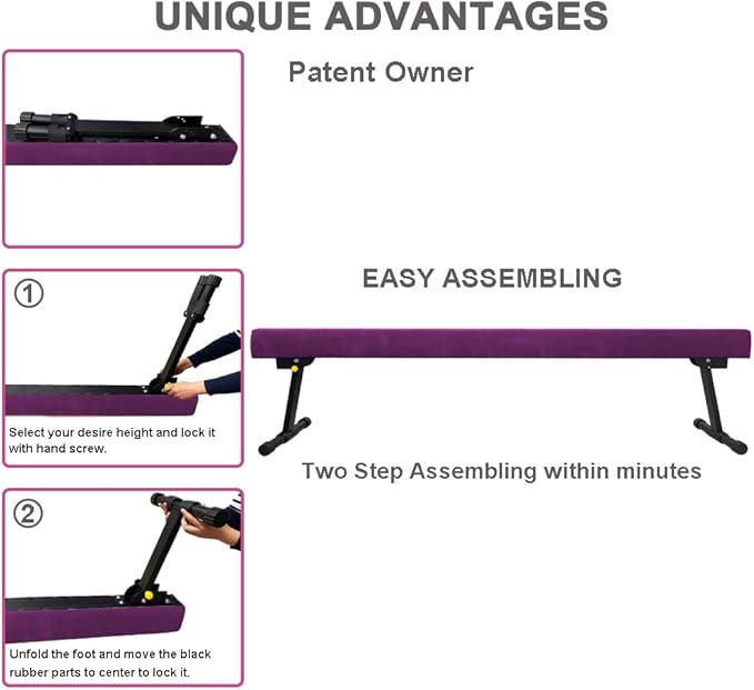 GLANT 8ft Ultrasimple Adjustable&Foldable Balance Beam,High-Low Floor Beam Suede Gymnastics Equipment,No Tool Require, Gymnastics Beam for Training&Professional HomeTraining