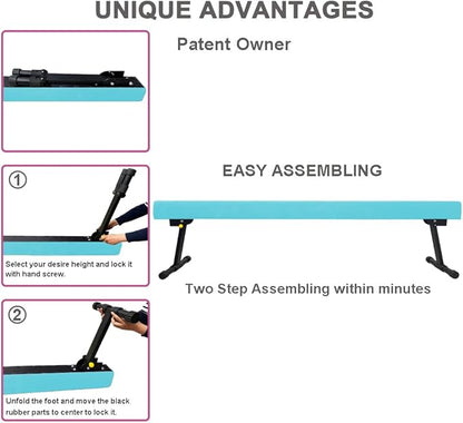 GLANT 8ft Ultrasimple Adjustable&Foldable Balance Beam,High-Low Floor Beam Suede Gymnastics Equipment,No Tool Require, Gymnastics Beam for Training&Professional HomeTraining