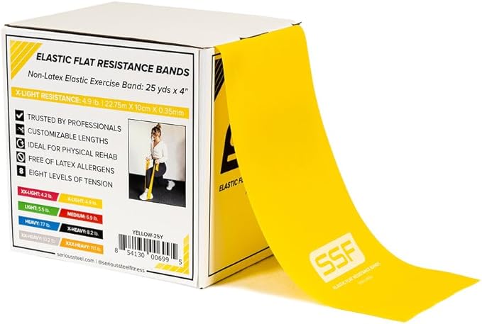 Serious Steel Fitness Flat Resistance Bands for Upper and Lower Body Strength Training and Exercise. (Non-Latex Flat Physical Therapy Exercise Bands - 4" x 25 Yards or 4" x 5 Feet)