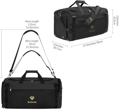 Eackrola Extra Large Sports Gym Bag, Travel Duffel bag with Wet Pocket & Shoes Compartment for men women, 85L, Lightweight （Black）