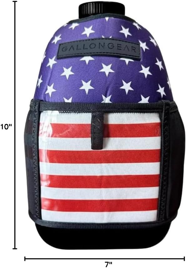 Gallon Gear 1 GALLON LARGE WATER BOTTLE SLEEVE COMBO | BPA FREE PLASTIC REUSABLE WATER JUG | HYDRATION WATER BOTTLE FOR MEN & WOMEN | GYM, SPORTS, TRAING & FITNESS (BLACK/FLAG-USA)
