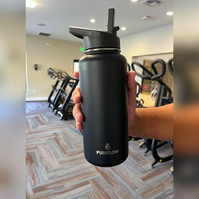 32oz Insulated Stainless Steel Water Bottle With 2 Leakproof Lids, Carrying Pouch, Double Wall Vacuum, BPA Free, Wide Mouth, Ideal for Gym, Fitness, Sports, Travel & Outdoors