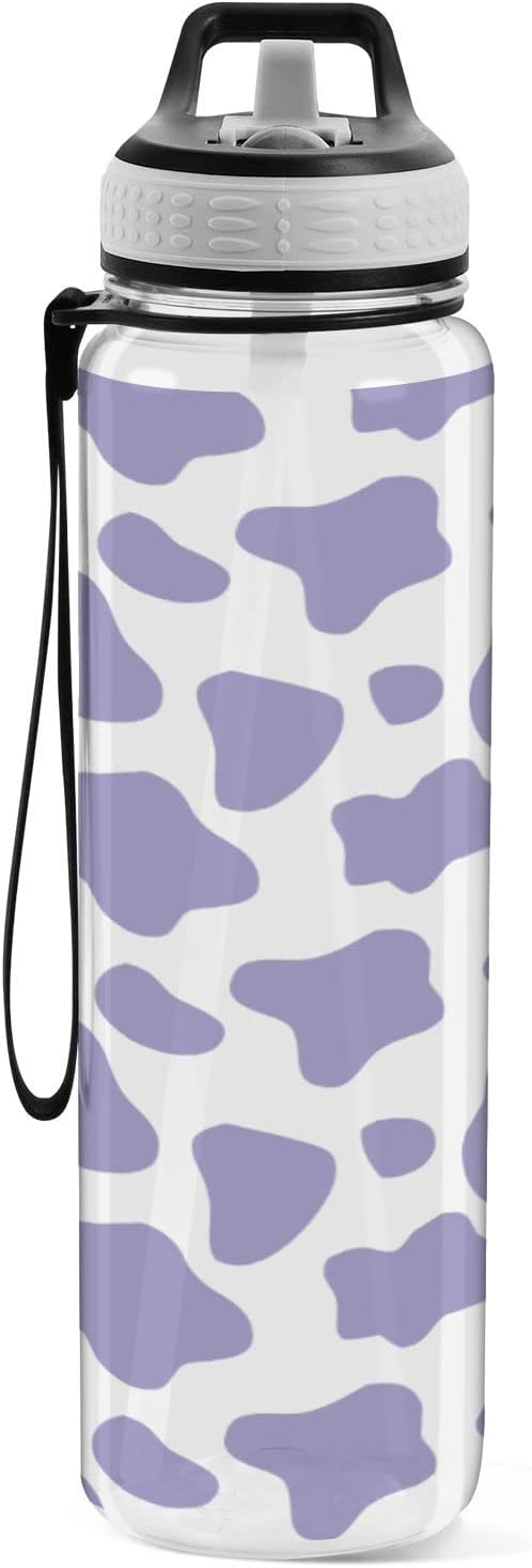 Fustylead Purple Cow Print Tritan Water Bottle with Straw and Lids, 32 oz Reusable BPA Free Sport Water Bottle for Gym Camping Hiking Travel