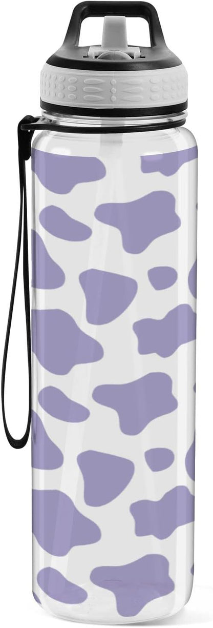 Fustylead Purple Cow Print Tritan Water Bottle with Straw and Lids, 32 oz Reusable BPA Free Sport Water Bottle for Gym Camping Hiking Travel