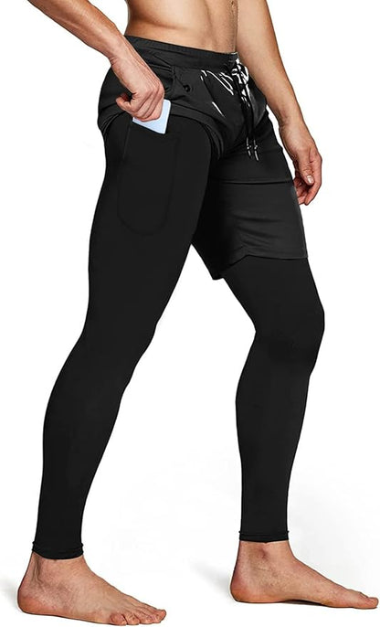 Aolesy Men's 2 in 1 Running Pants, Gym Workout Compression Pants for Men Training Athletic