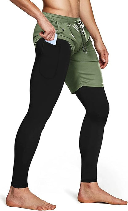 Aolesy Men's 2 in 1 Running Pants, Gym Workout Compression Pants for Men Training Athletic
