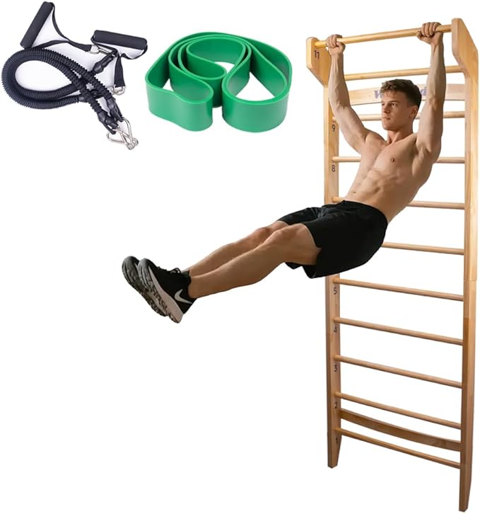 Wood Swedish Ladder with 11 Strategic Rods,Withstands up to 330 lbs,Stall Bar,Include Exercise Straps+Pull-Up Resistance Band+Pull-Up Bar,31.5”*86.6”,Wall Mounted,Stretching and Various Exercises,Indoor Home School Gym Fitness