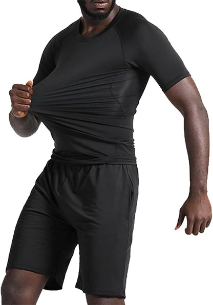 BUYJYA 5Pcs Men's Compression Pants Shirt Top Long Sleeve Jacket Athletic Sets Gym Clothing Mens Workout