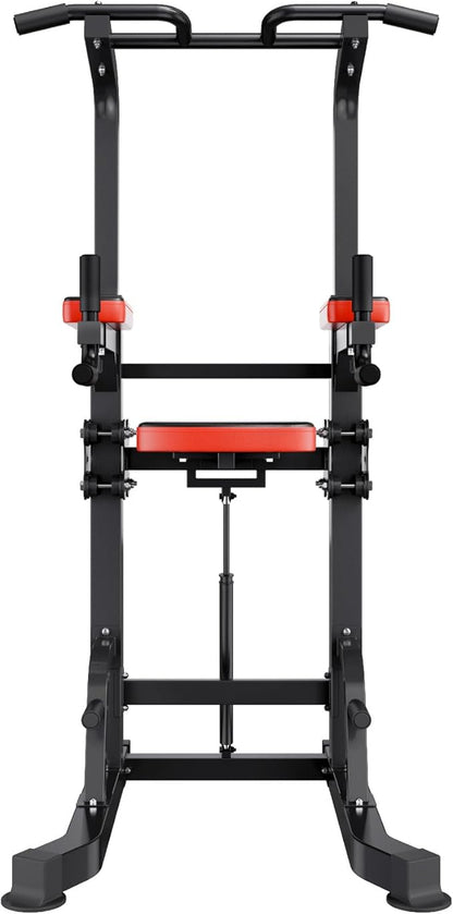 VEVOR Pull Up Bar, 330 LBS Power Tower Dip Station, Workout Dip Station with H-Shaped Stable Base & Assistance Platform, Adjustable 9 Level Height Pullup Stand for Back, 3-Level Adjustable Elbow Pads