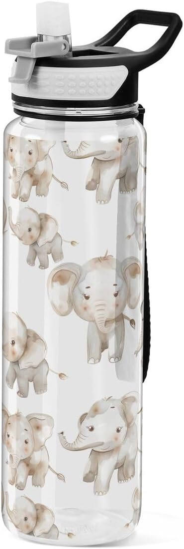 ALAZA Elephant on White Sports Water Bottle with Straw Tritan Drink Bottle 32 oz BPA Free Reusable for Travel Outdoor Fitness
