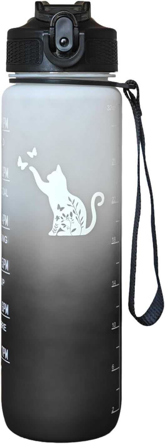 Floral Cat Water Bottle 32 Oz – Leakproof BPA Free Sport Water Bottle with Straw & Carry Strap, Motivational Time Marker for Gym, Fitness, Outdoor, Travel, Office, Biking, Cat Lover Black