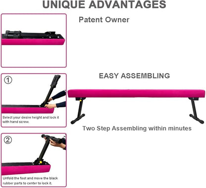 GLANT 8ft Ultrasimple Adjustable&Foldable Balance Beam,High-Low Floor Beam Suede Gymnastics Equipment,No Tool Require, Gymnastics Beam for Training&Professional HomeTraining