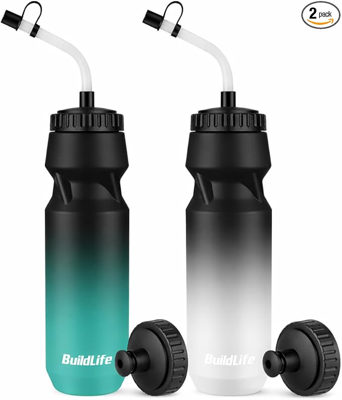 Hockey Water Bottle with Long Straw -32 OZ Squeeze Sports Lacrosse Water Bottles 2 Pack with 2 Lids Each(Straw and Squeeze),for Helmet Hockey,Boxing,BPA Free,Dishwash Safe(Black Blue+Black White)