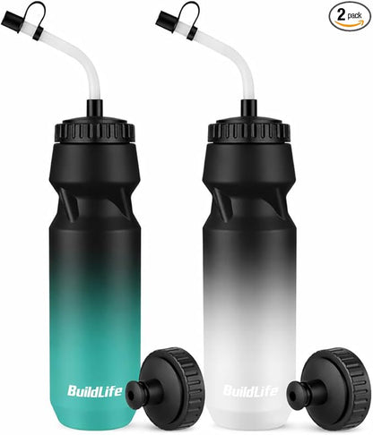 Hockey Water Bottle with Long Straw -32 OZ Squeeze Sports Lacrosse Water Bottles 2 Pack with 2 Lids Each(Straw and Squeeze),for Helmet Hockey,Boxing,BPA Free,Dishwash Safe(Black Blue+Black White)