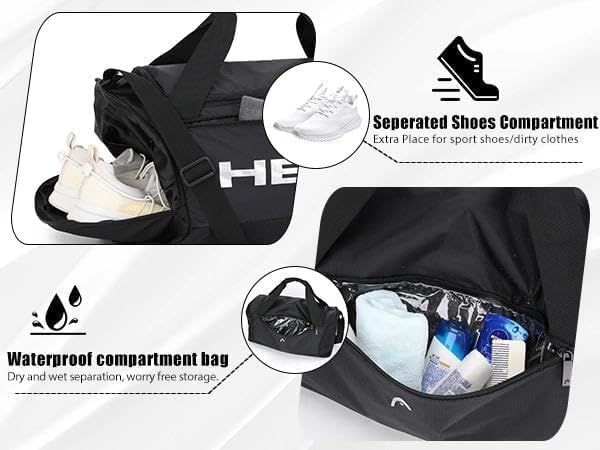 HEAD 45L Waterproof Gym Duffle Bag for Men, Large Capacity Sports Bag with Shoe Compartment & Dry Wet Pocket, Durable Crossbody Weekender Bag for Tennis, Workout, Fitness, Overnight Travel
