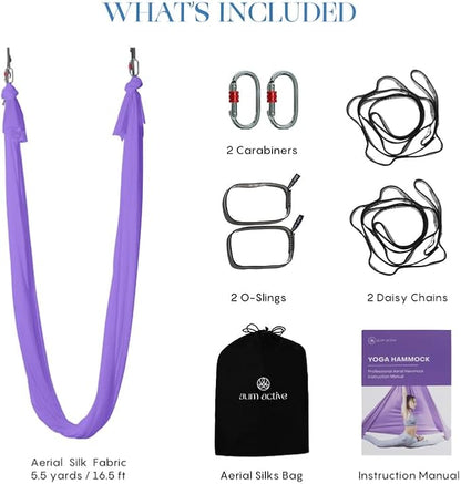 Aerial Silk Yoga Hammock & Swing for Home, Inversion Exercises, Starter Kit for All Levels - Durable with Extension Straps, Carabiners, and Pose Guide