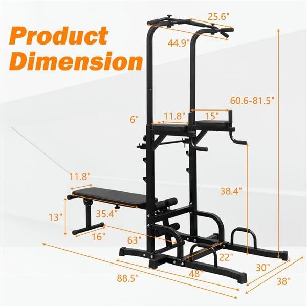 Multifunctional Power Tower with Bench - 7 Adjustable Height Pull Up Bar & Dip Station, Foldable Weight Bench for Home Gym, Heavy Duty Full Body Workout Equipment (Black)