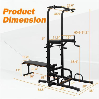 Multifunctional Power Tower with Bench - 7 Adjustable Height Pull Up Bar & Dip Station, Foldable Weight Bench for Home Gym, Heavy Duty Full Body Workout Equipment (Black)