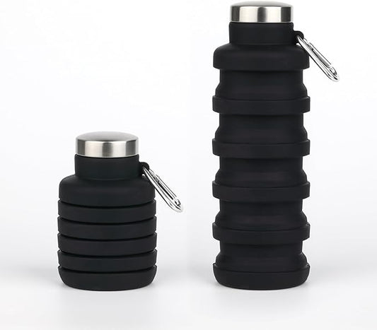 Collapsible Water Bottles,16oz Capacity Portable Reusable Silicone Water Bottle,Leak-proof,with buckle,foldable storage,Lightweight Durable for Fitness,Cycling,Sports,Camping,Hiking (Deep Black)