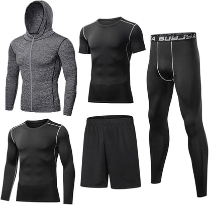 BUYJYA 5Pcs Men's Compression Pants Shirt Top Long Sleeve Jacket Athletic Sets Gym Clothing Mens Workout