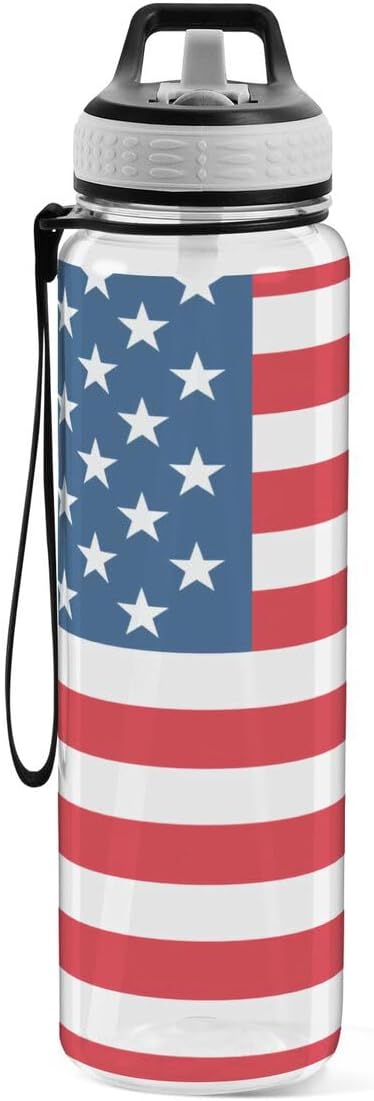 ALAZA American Flag Striped Sports Water Bottle with Straw Tritan Drink Bottle 32 oz BPA Free Reusable for Travel Outdoor Fitness