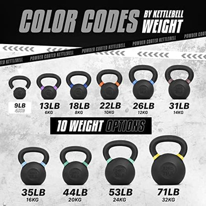Yes4All Powder Coated Kettlebell, Cast Iron Core Kettlebells with Non-Slip Handle & Flat Bottom for Conditioning, Heavy Duty for Strength Training, 9lb to 71lb - Single & Pair
