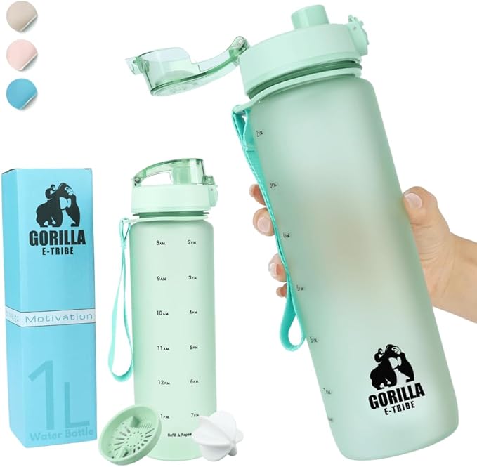 Green Water Bottle Time Marker (32oz) - Daily Intake Tracking - BPA Free & Leak Proof Protein Shake Bottle - Ideal for Gym, Office, School & Hiking