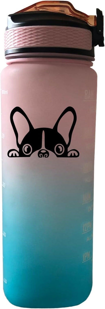 Boston Terrier 32 oz Water Bottle with Times Marker to Drink and Straw, Carrying Strap, Leakproof BPA-Free, Ensure You Drink Enough Water for Fitness Gym Camping Outdoor Sports