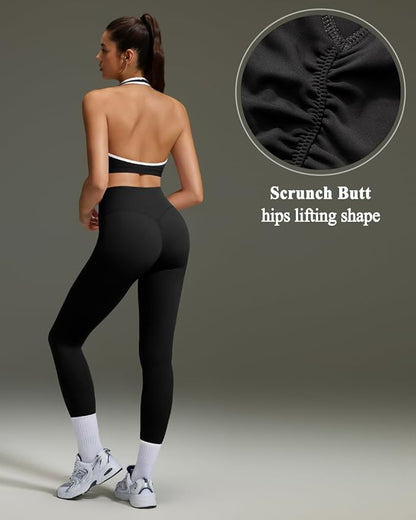 OMKAGI 2 Piece Workout Sets for Women Halter Sports Bras Gym Sets Booty Leggings Outfits