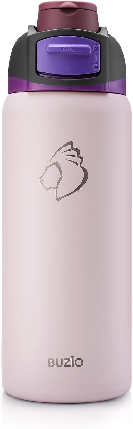 BUZIO 32oz Metal Water Bottle with Chug Lid, Insulated Flask with Leakproof Locking Lid for Sports Travel Gym Work, BPA-Free, Carry Loop, Dishwasher Safe, Best Holiday Gift for man/women, Light Pink