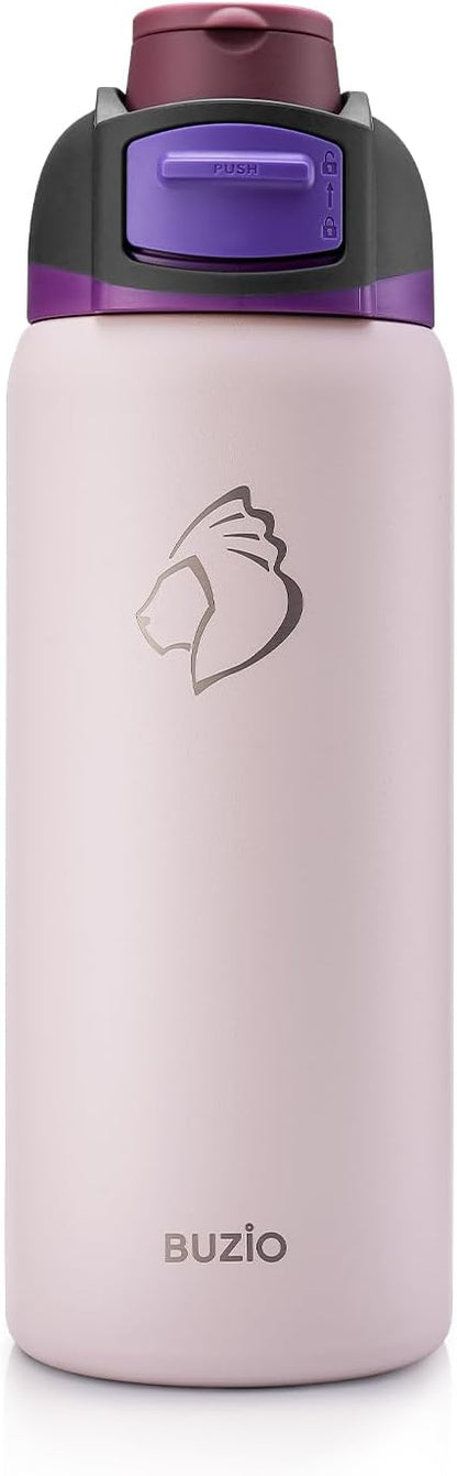 BUZIO 32oz Metal Water Bottle with Chug Lid, Insulated Flask with Leakproof Locking Lid for Sports Travel Gym Work, BPA-Free, Carry Loop, Dishwasher Safe, Best Holiday Gift for man/women, Light Pink