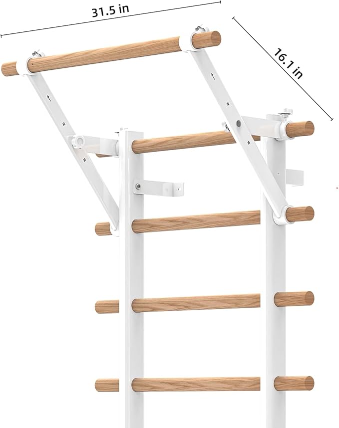 DHT Wood Stall Bar, Swedish Ladder Suspension Trainer with 9 Strategic Rods, for Home, Gym, School and Clinics, White