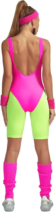 MIAIULIA Womens 80s Workout Costume Outfit 80s Accessories Set Leotard Neon Legging Headband Wristbands Set