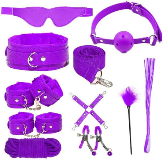 10-Piece Leather Couples Home Gym Set: Complete Partner Yoga, Pilates & Fitness Training Kit for A Full-Body Couples Workout (Purple)