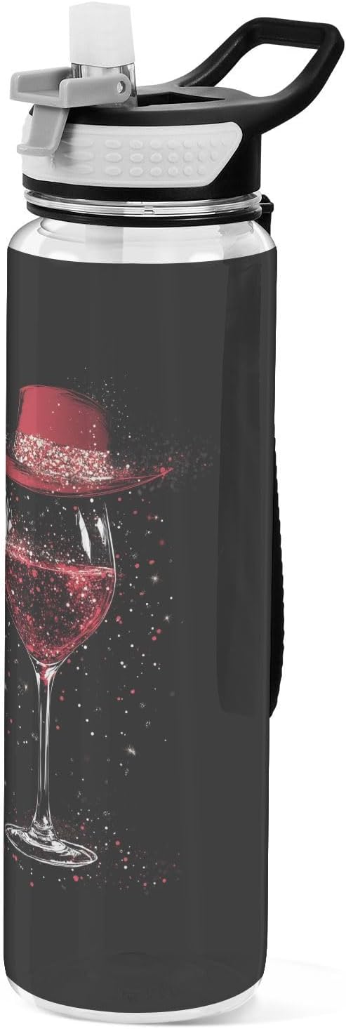 Fustylead Elegant Wine Glass with Red Hat 32 oz Water Bottle with Straw, Leakproof Clear Sport Bottles for Women Men Outdoor Sport Drinking