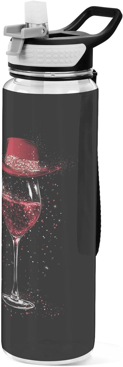 Fustylead Elegant Wine Glass with Red Hat 32 oz Water Bottle with Straw, Leakproof Clear Sport Bottles for Women Men Outdoor Sport Drinking